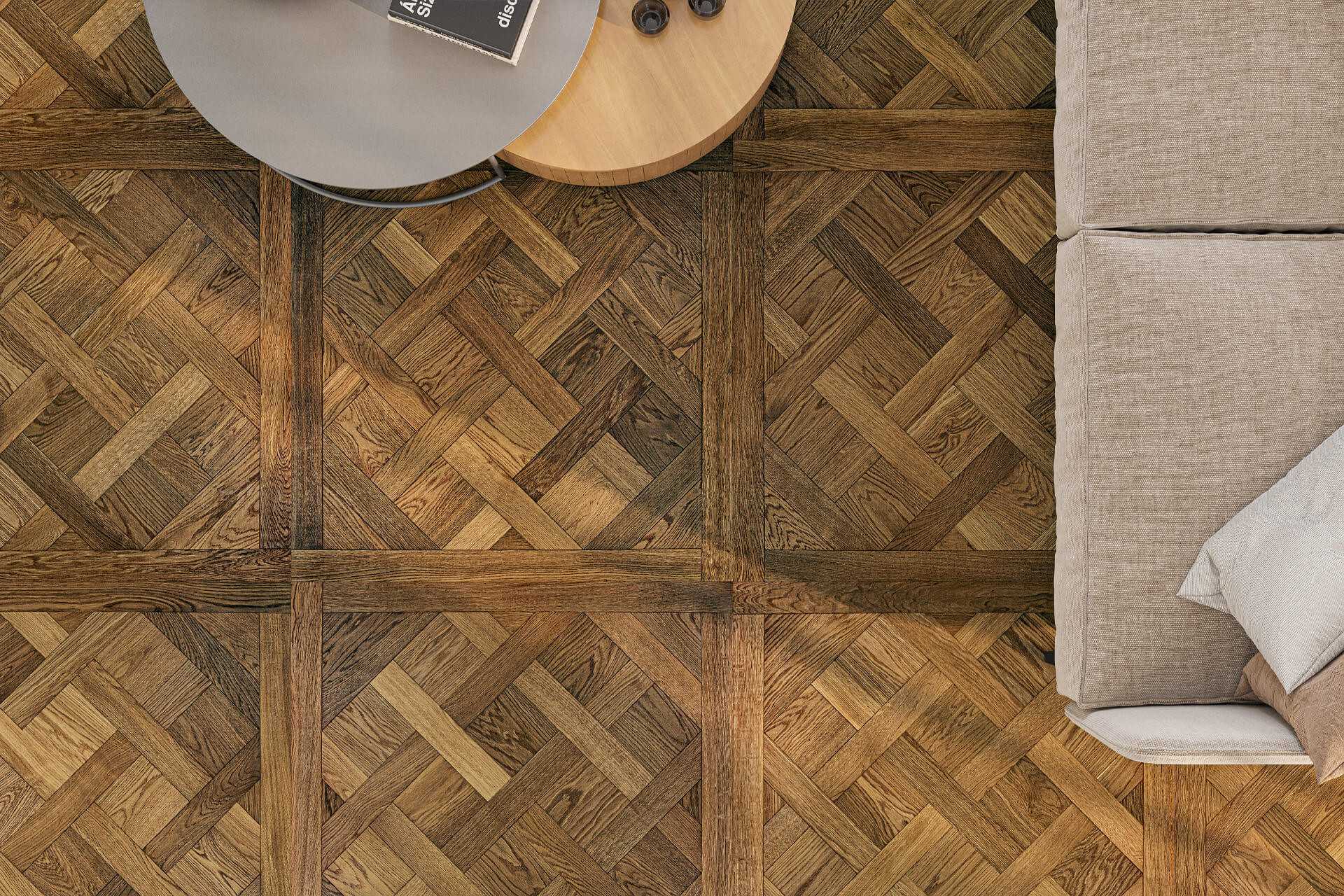 Parquet Versailles Fumé Brossé Huilé - Panneau Chêne 580x580x20mm, Finition Naturelle, Marque Maxam